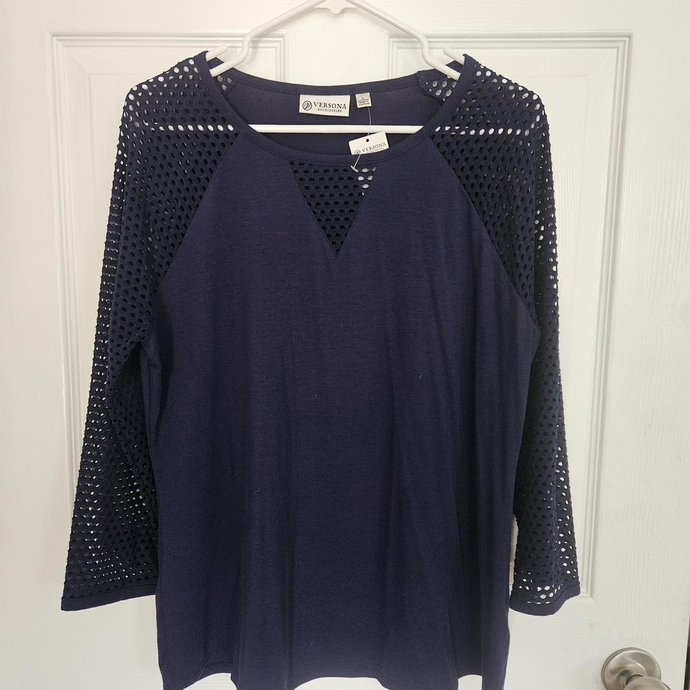 Versona Women's Blue Top with Mesh Sleeves